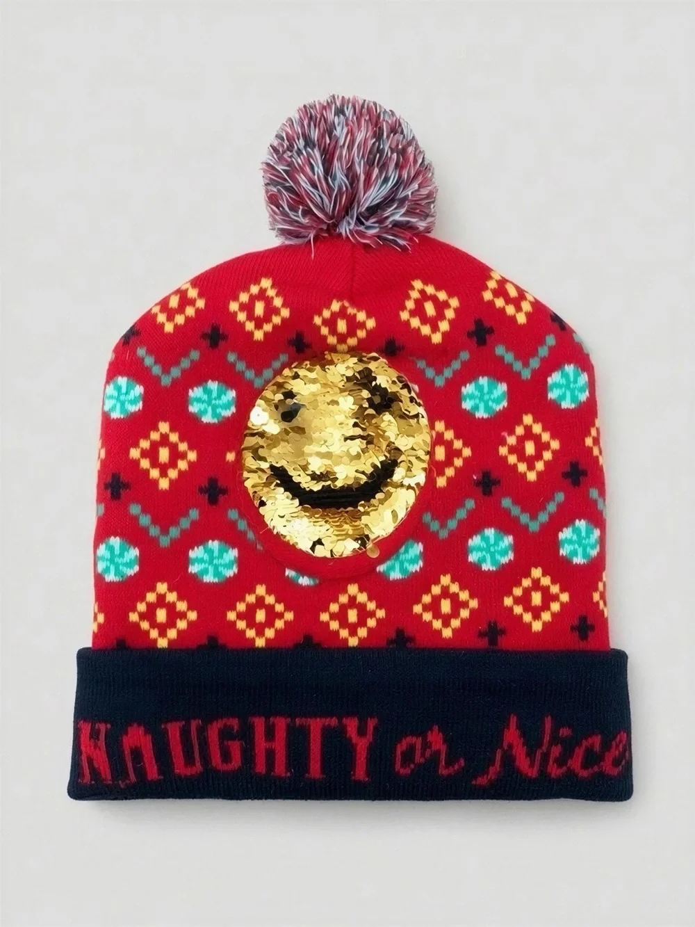 Red Christmas Unisex Pom Pom Hat with Sequin Emoji Patch - Naughty or Nice -- OS